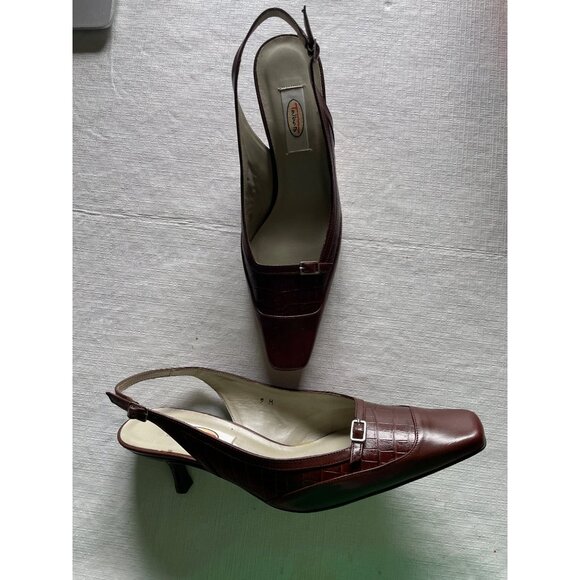 Talbots Womens Luca Brown Leather Slingback Heels 9M Made In Spain - Picture 1 of 11